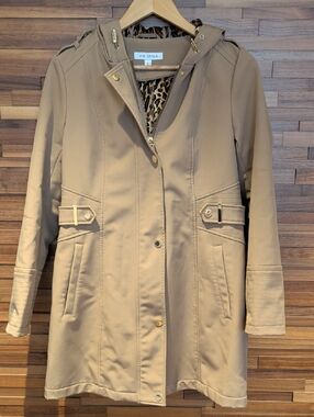Via Spiga Camel Hooded Trench Coat with Leopard Lining